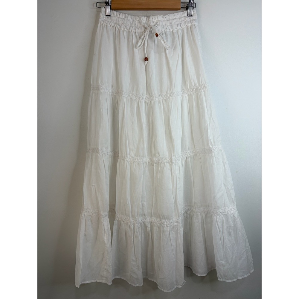 Whos That Girl White Cotton Tiered Maxi Skirt M Lace Crochet Boho Festival Y2K
